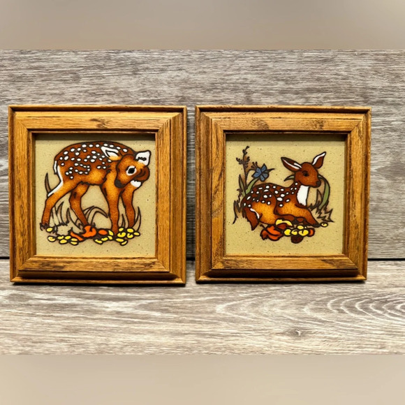 Artist Cleo Teissedre Baby Deer Wall Hanging Ceramic Tile Trivet Hand Painted